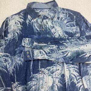 Tommy Bahama Men's Linen Blend Blue Palm Tree Button-up Shirt Island Zone Large